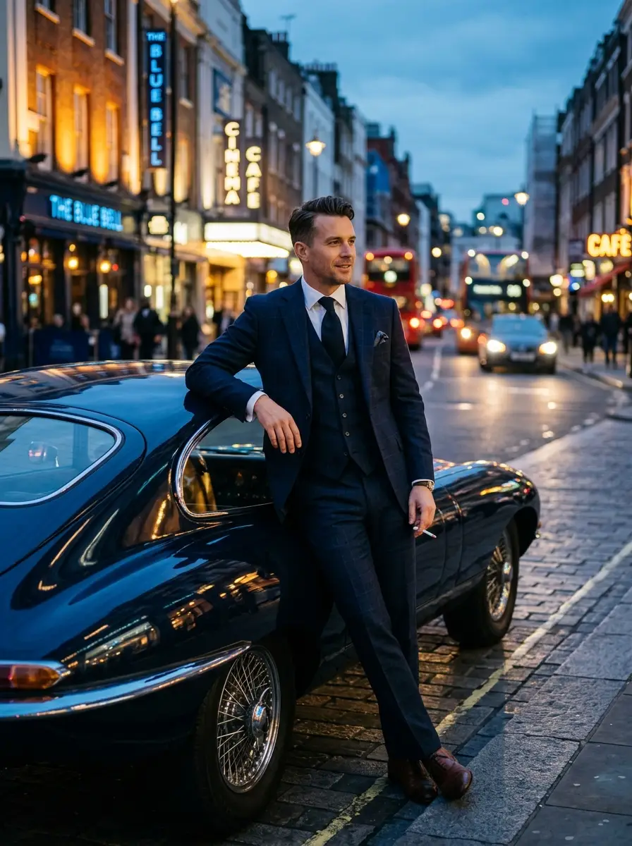 a portrait of a man in a tailored suit leaning against a vintage car, blue hour twilight, soft cyan ambience, city lights flickering on, cinematic, highly detailed