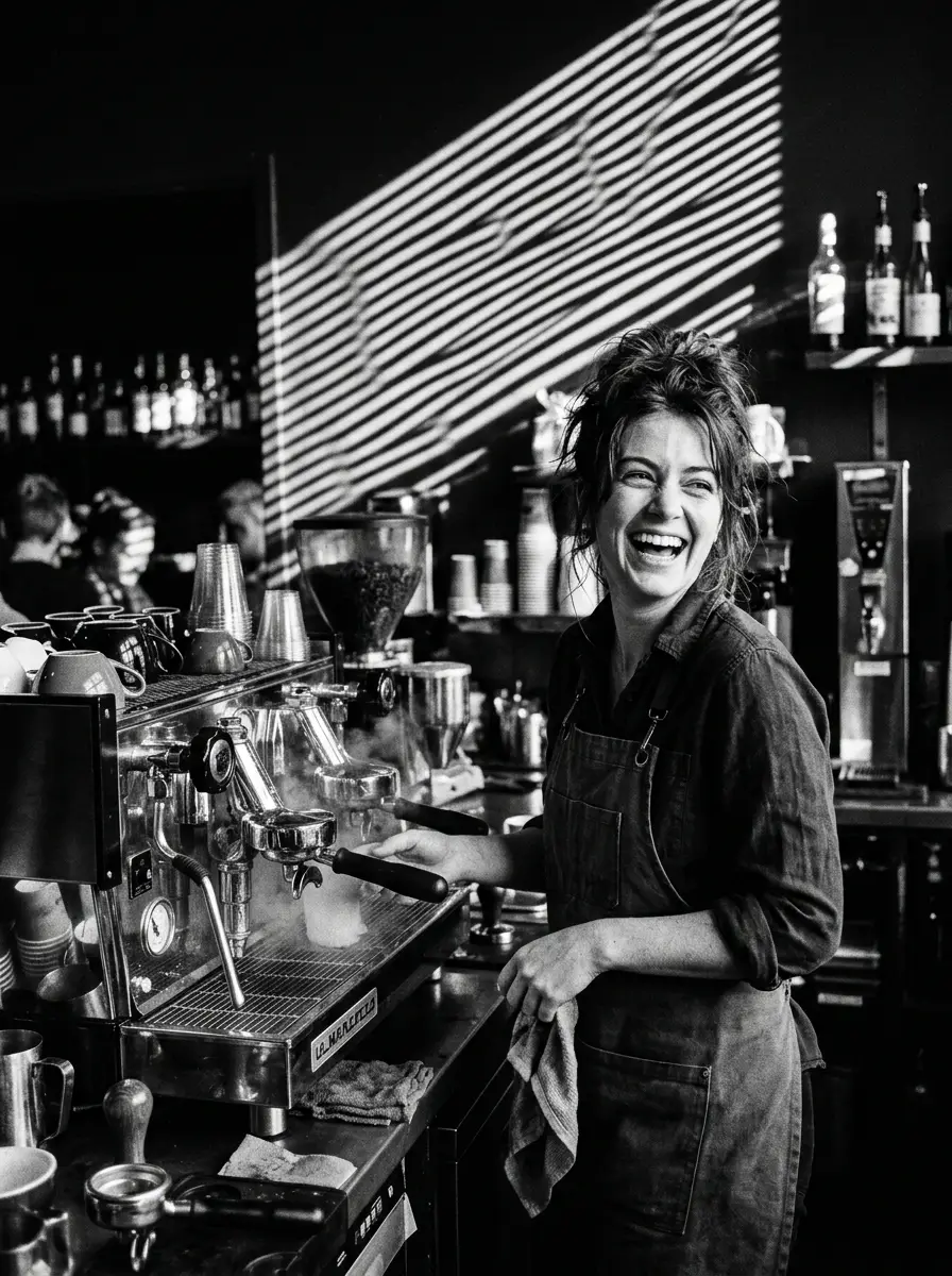 a candid portrait of a barista laughing behind an espresso machine, classic film noir, hard black and white, venetian blind shadows, cinematic, highly detailed