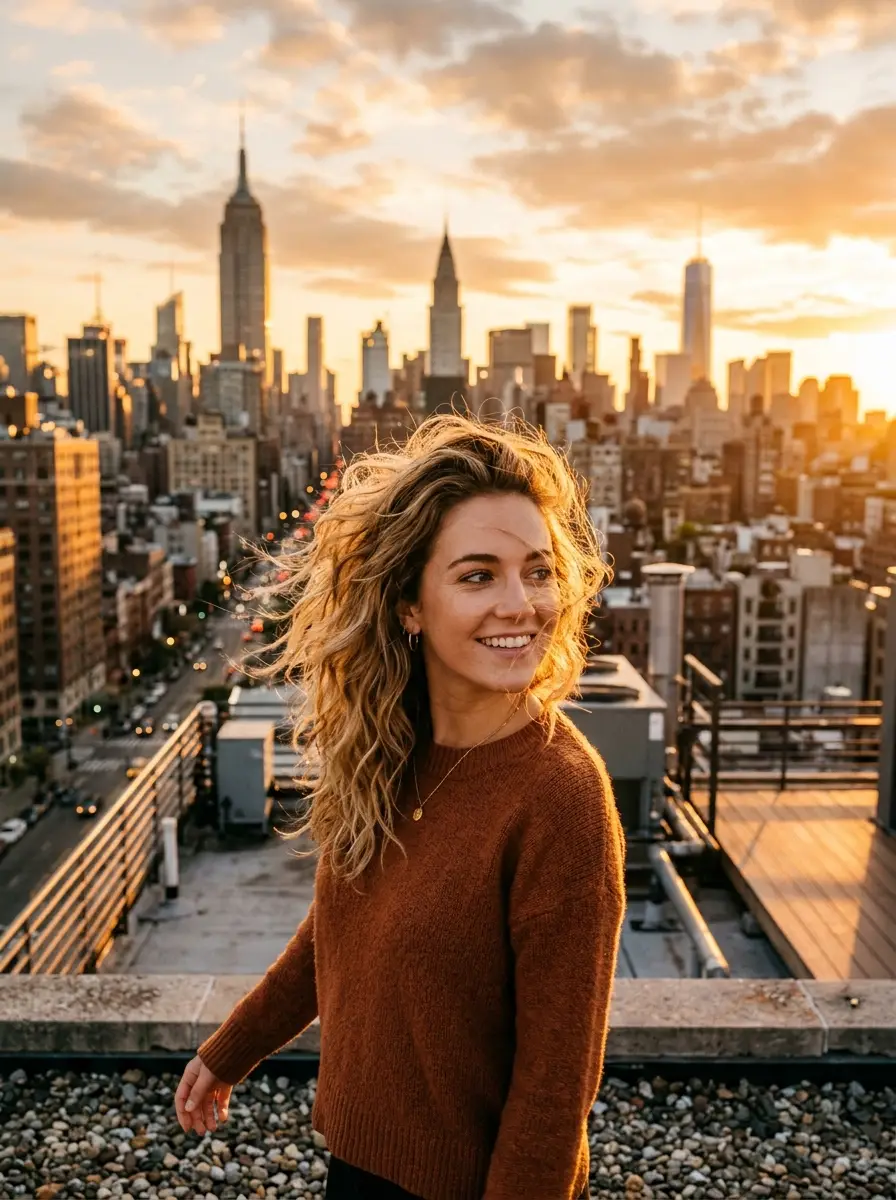 a portrait of a young woman with windswept hair on a city rooftop, golden hour sunlight, long warm shadows, honeyed glow, cinematic, highly detailed