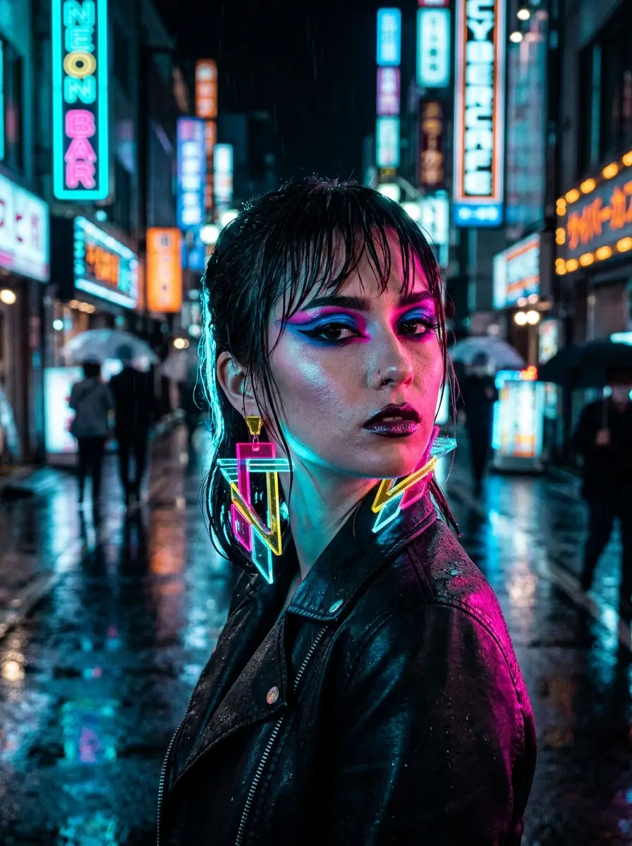 a close-up portrait of a model with bold makeup and statement earrings, neon noir, hot pink and cyan rim light, wet asphalt reflections, cinematic, highly detailed