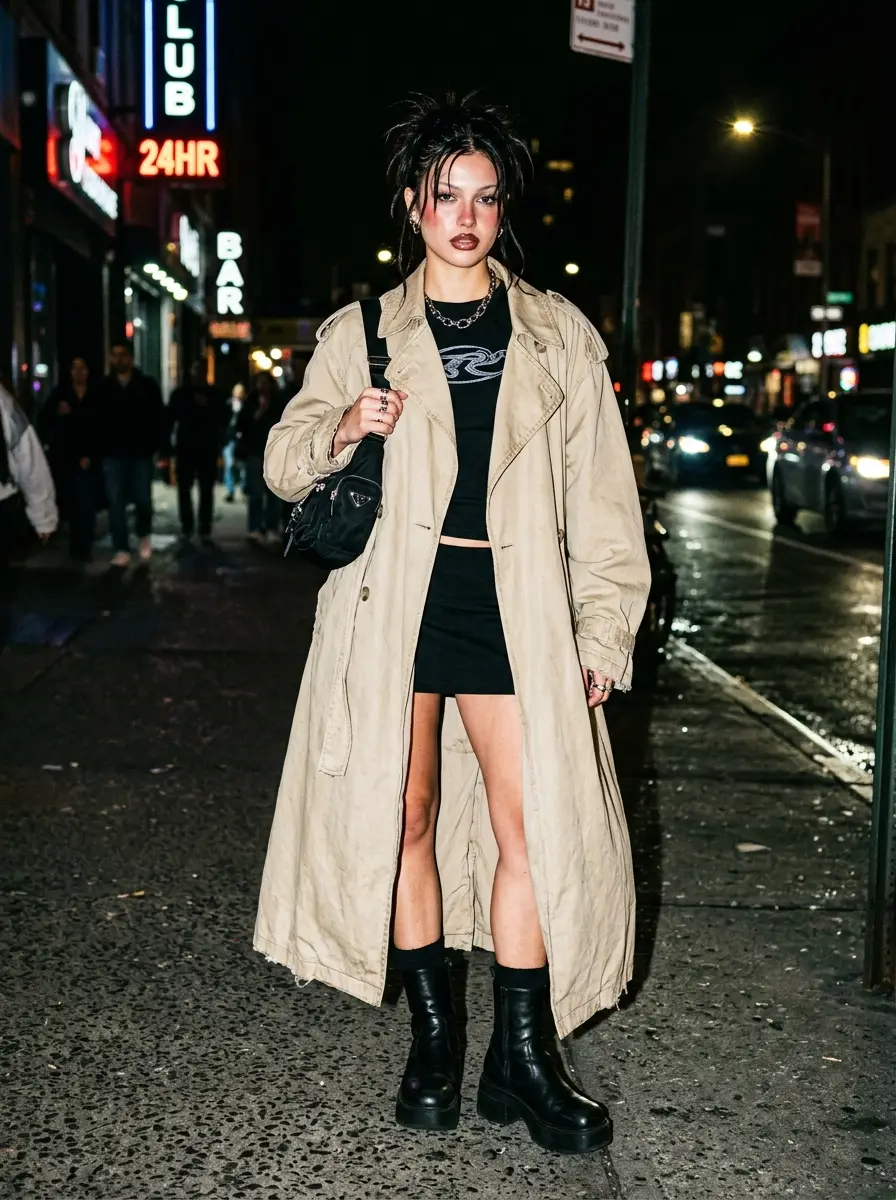 a full-body fashion shot of a model in an oversized trench coat, Y2K direct flash photo, glossy lips era, harsh on-camera flash, cinematic, highly detailed